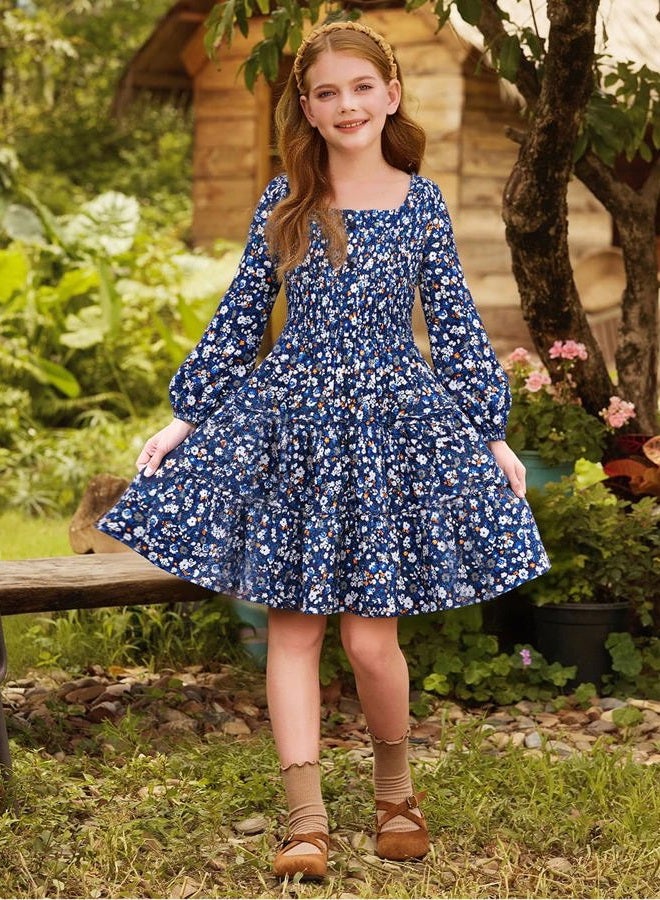 GRACE KARIN Girls Fall Long Sleeve Floral Square Neck Smock Tiered Casual Holiday Teen Dress Size 5-14, Blue Orange Floral, 8-10 Years - Image 3