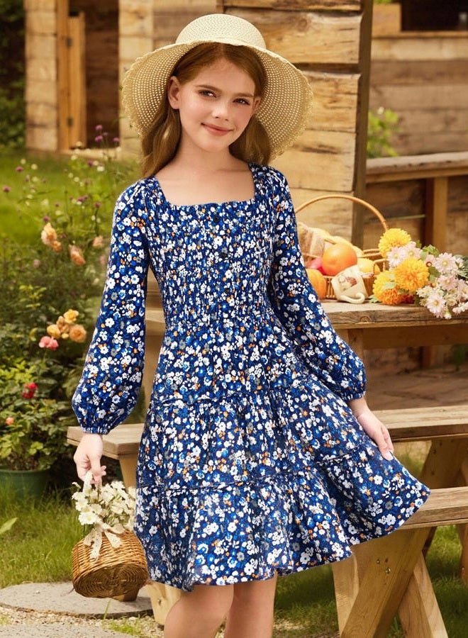 GRACE KARIN Girls Fall Long Sleeve Floral Square Neck Smock Tiered Casual Holiday Teen Dress Size 5-14, Blue Orange Floral, 8-10 Years - Image 5