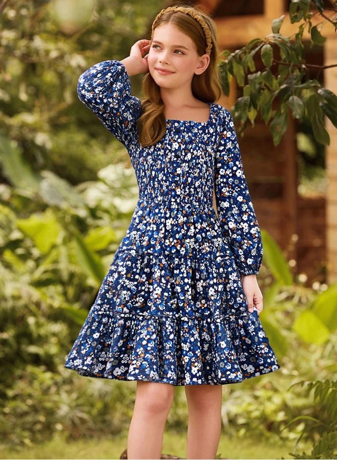 GRACE KARIN Girls Fall Long Sleeve Floral Square Neck Smock Tiered Casual Holiday Teen Dress Size 5-14, Blue Orange Floral, 8-10 Years - Image 2