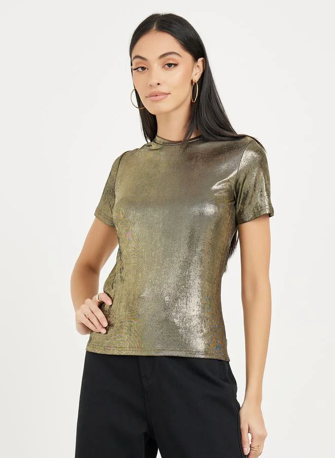 Styli Metallic Textured Short Sleeve T-Shirt