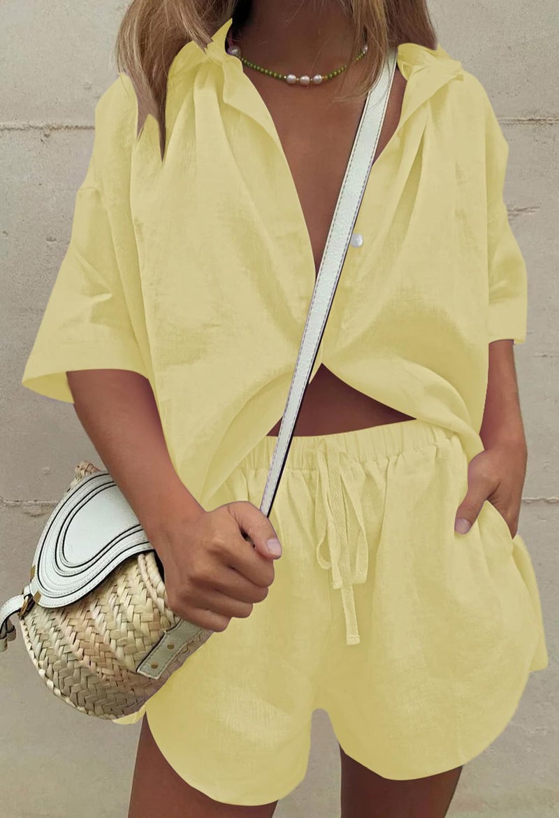 Fixmatti Women 2 Piece Outfits Sets Button Up Half Sleeve Buttons Shirt And Shorts Sweatsuit With Pocket Buds Yellow S - Image 3