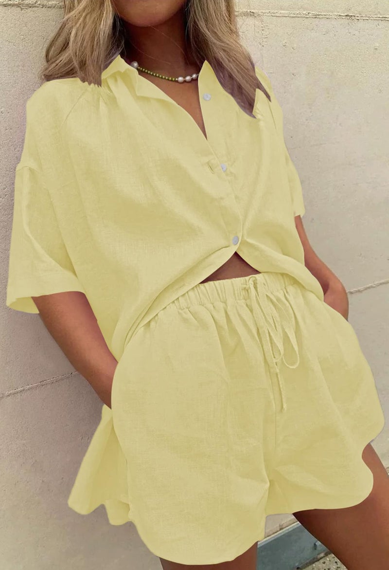 Fixmatti Women 2 Piece Outfits Sets Button Up Half Sleeve Buttons Shirt And Shorts Sweatsuit With Pocket Buds Yellow S - Image 4