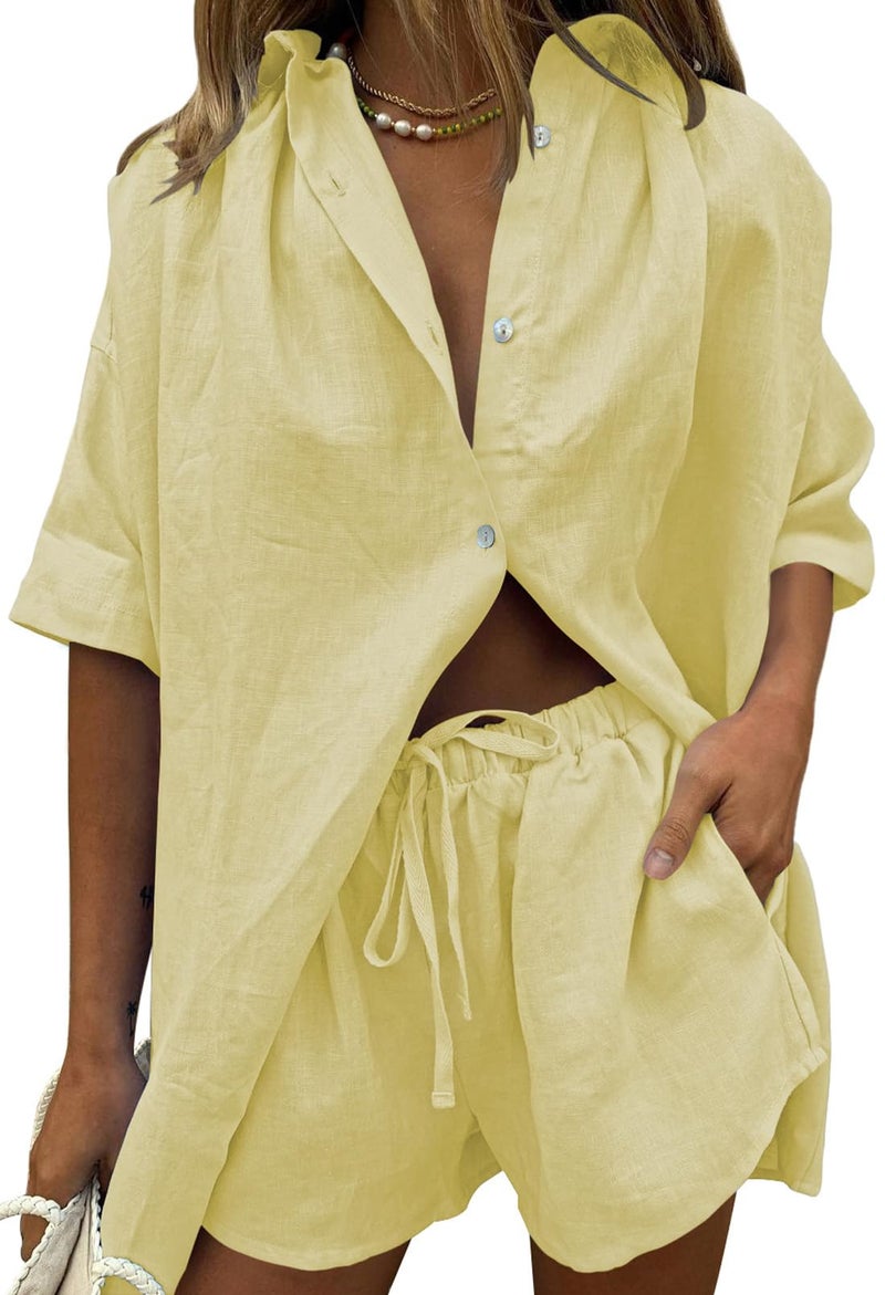 Fixmatti Women 2 Piece Outfits Sets Button Up Half Sleeve Buttons Shirt And Shorts Sweatsuit With Pocket Buds Yellow S - Image 1
