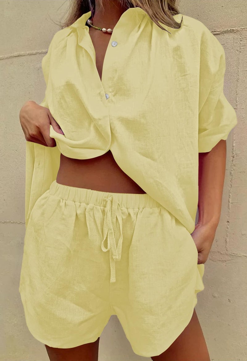 Fixmatti Women 2 Piece Outfits Sets Button Up Half Sleeve Buttons Shirt And Shorts Sweatsuit With Pocket Buds Yellow S - Image 5