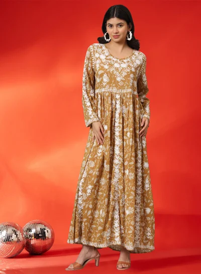 الايا جلابية قطنية مطبوعة مطرزة يدويًا من لاكناوي شيكانكاري-AL3936
