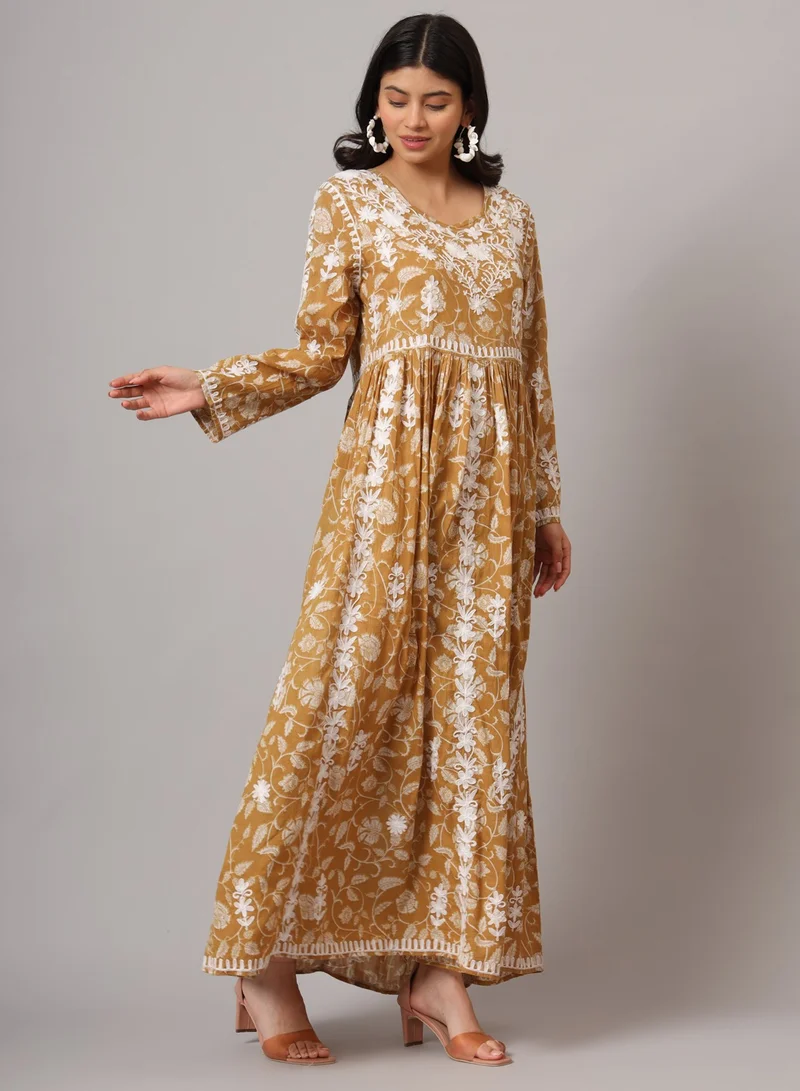 الايا جلابية قطنية مطبوعة مطرزة يدويًا من لاكناوي شيكانكاري-AL3936