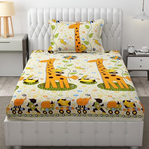 FRESH FROM LOOM Glace Cotton Wrinkle Free Soft Hypoallergenic Bed Sheet|Cartoon Printed|Single Bedsheet With One Pillow Cover Kids Bedsheet For Boys&Girls Room(60X90 Inches/Ziraffe),144 tc,Multicolor - Image 1