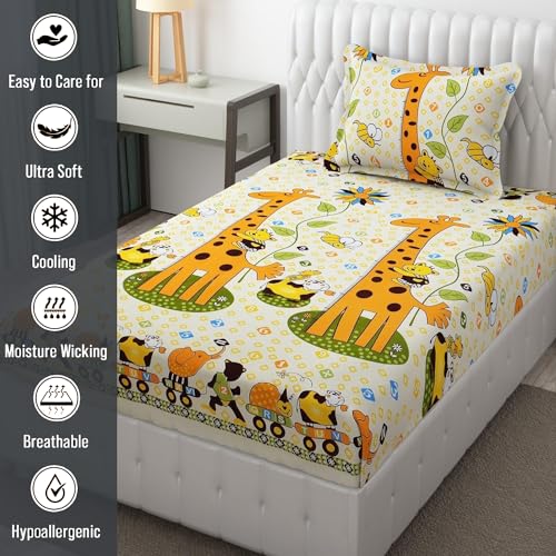 FRESH FROM LOOM Glace Cotton Wrinkle Free Soft Hypoallergenic Bed Sheet|Cartoon Printed|Single Bedsheet With One Pillow Cover Kids Bedsheet For Boys&Girls Room(60X90 Inches/Ziraffe),144 tc,Multicolor - Image 4