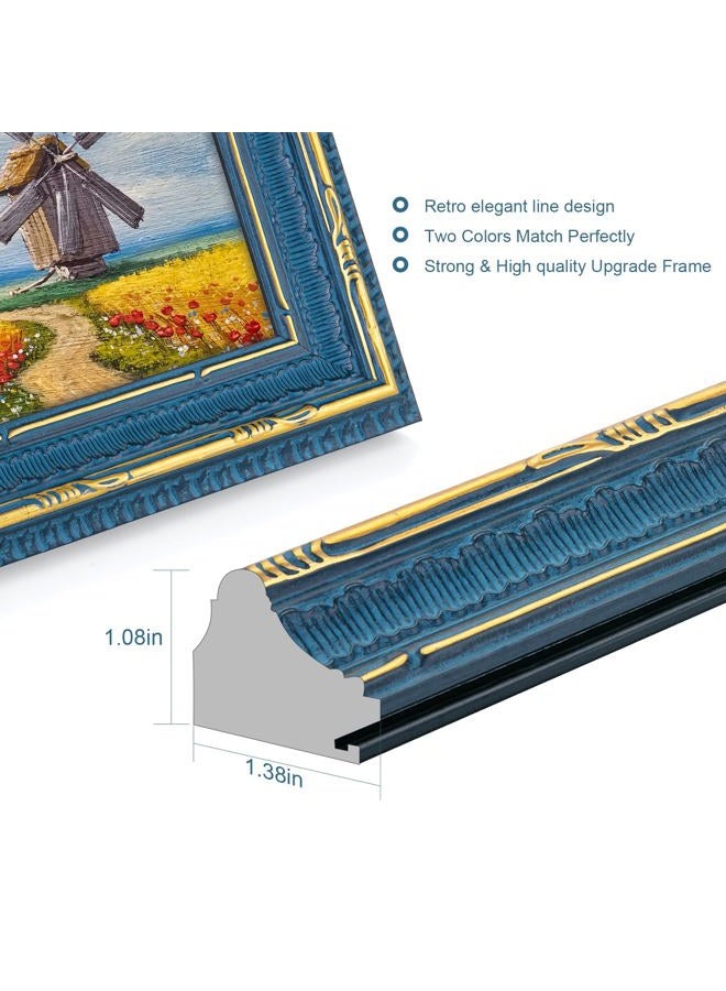 GULETHUN 18x24 Picture Frame Blue Gold - Vintage Photo Frame 18 by 24, Retro Home Decor Wall Hanging Gallery Frames, Sturdy, Plexiglass, Antique Ornate Poster Frame for Vertical & Horizontal Display - Image 3