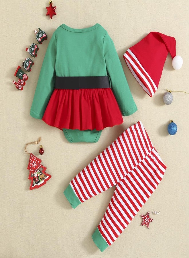 WOLBAY Newborn Toddler Girl Christmas Outfit Santa Romper Bodysuit Top+Striped Pants With Hat Clothing For Girl(Red L,0-3 Months) - Image 3