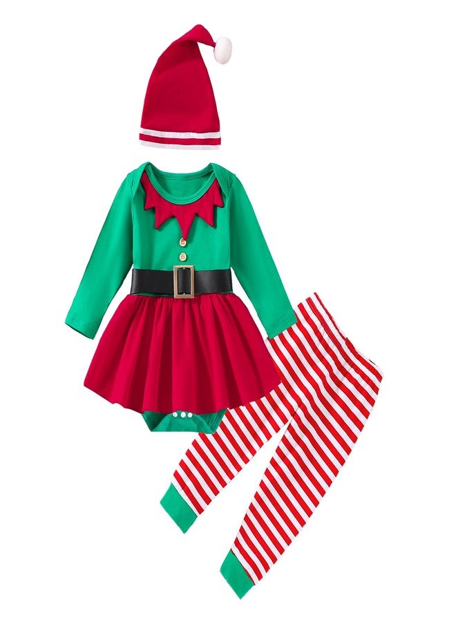 WOLBAY Newborn Toddler Girl Christmas Outfit Santa Romper Bodysuit Top+Striped Pants With Hat Clothing For Girl(Red L,0-3 Months) - Image 1