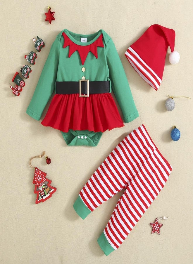 WOLBAY Newborn Toddler Girl Christmas Outfit Santa Romper Bodysuit Top+Striped Pants With Hat Clothing For Girl(Red L,0-3 Months) - Image 2
