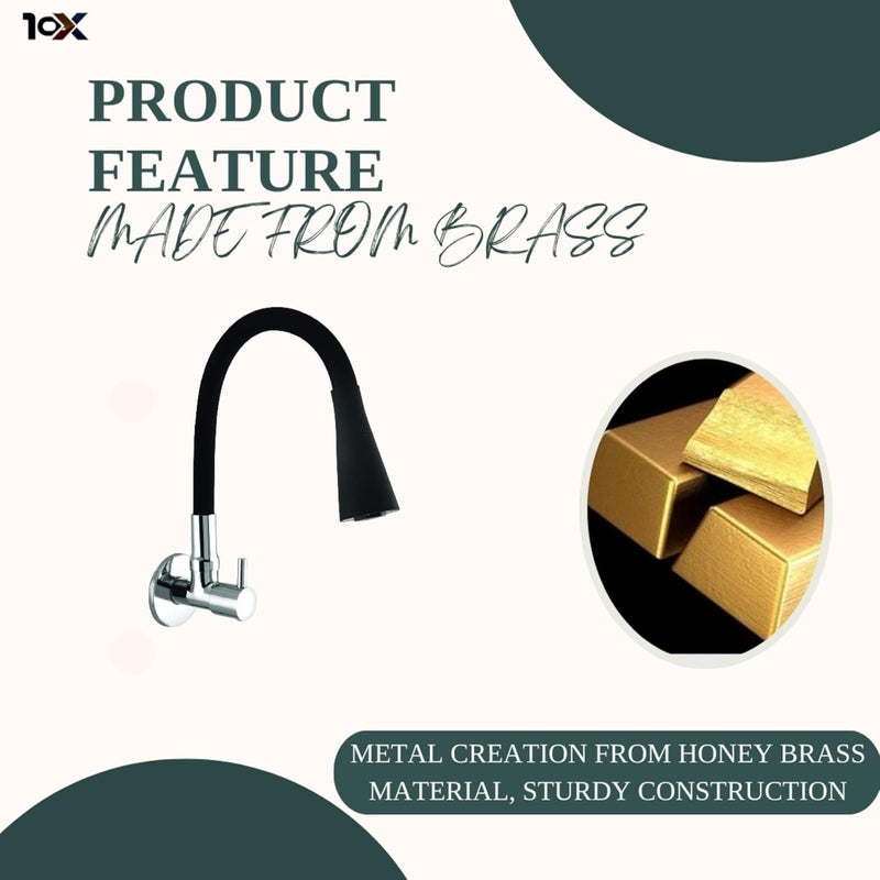 10X صنبور حوض المطبخ BL-9876 برأس مرن لون أسود مثبت على الحائط، تشطيب كروم (تدفق مزدوج)، معدني - Image 4
