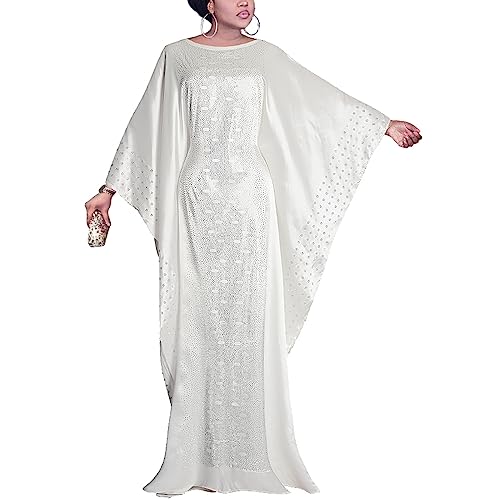 HD African Kaftan Dress for Women Rhinestone White Batwing Maxi Dress with Inner Adjustment Belt