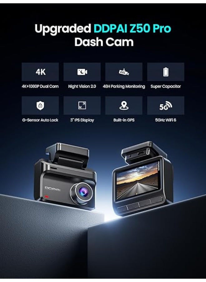 DDPAI Dash Cam for Cars, 4K+1080P Front and Rear Dashcam for Cars, Included 64GB Card Dash Camera, Built-in 5G WiFi6 GPS, 3'' IPS, 48H Parking Mode, Super Night Vision, ADAS, Loop Recording, Z50 Pro - Image 2
