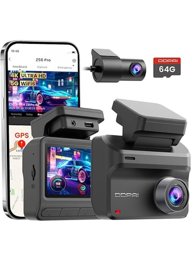 DDPAI Dash Cam for Cars, 4K+1080P Front and Rear Dashcam for Cars, Included 64GB Card Dash Camera, Built-in 5G WiFi6 GPS, 3'' IPS, 48H Parking Mode, Super Night Vision, ADAS, Loop Recording, Z50 Pro - Image 1