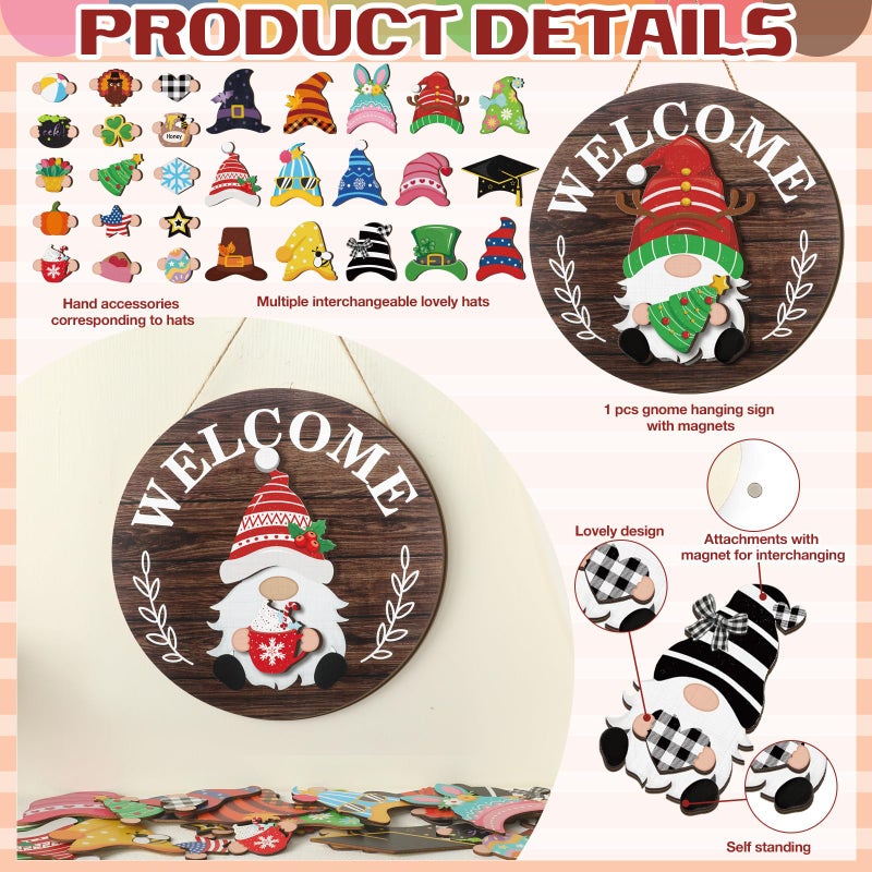 Qunclay Interchangeable Wooden Gnome Decor Holiday Seasonal Gnome Decorations with Magnet Pieces and Detachable Hats Changeable Welcome Sign for Home(Attractive Style) - Image 3