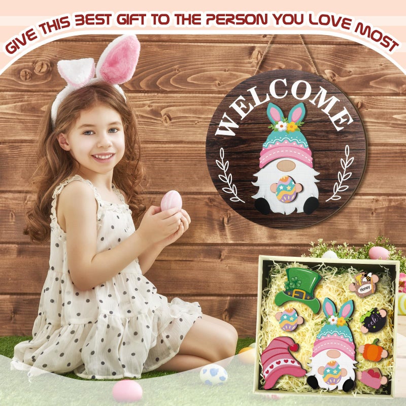Qunclay Interchangeable Wooden Gnome Decor Holiday Seasonal Gnome Decorations with Magnet Pieces and Detachable Hats Changeable Welcome Sign for Home(Attractive Style) - Image 4