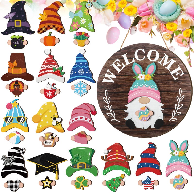 Qunclay Interchangeable Wooden Gnome Decor Holiday Seasonal Gnome Decorations with Magnet Pieces and Detachable Hats Changeable Welcome Sign for Home(Attractive Style) - Image 1