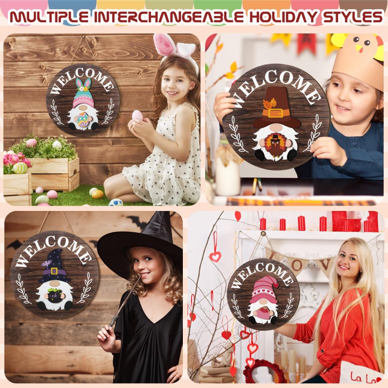 Qunclay Interchangeable Wooden Gnome Decor Holiday Seasonal Gnome Decorations with Magnet Pieces and Detachable Hats Changeable Welcome Sign for Home(Attractive Style) - Image 5
