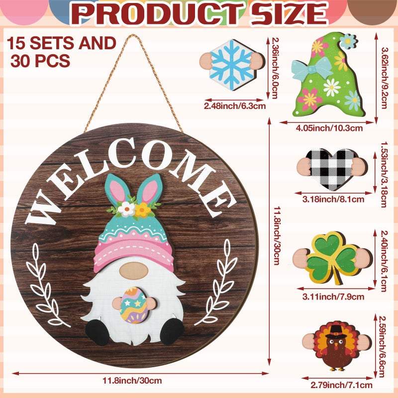 Qunclay Interchangeable Wooden Gnome Decor Holiday Seasonal Gnome Decorations with Magnet Pieces and Detachable Hats Changeable Welcome Sign for Home(Attractive Style) - Image 2