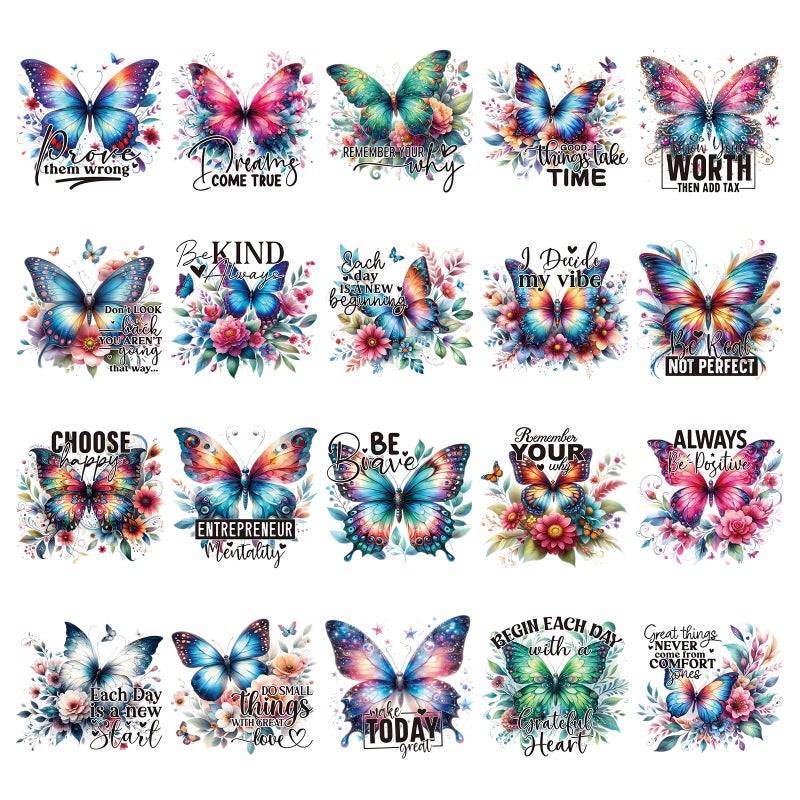 Wxiben Dtf Transfers Ready to Press 20 Pcs Butterfly Iron on Transfers for Tshirts Inspirational Quotes Heat Transfer Vinyl Decal Sticker Floral Butterfly Iron on Patches for Clothing Bag DIY Craft - Image 3