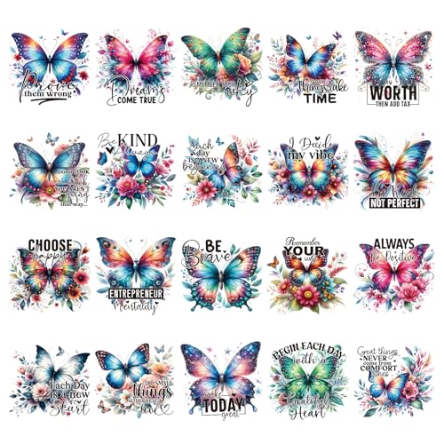 Wxiben Dtf Transfers Ready to Press 20 Pcs Butterfly Iron on Transfers for Tshirts Inspirational Quotes Heat Transfer Vinyl Decal Sticker Floral Butterfly Iron on Patches for Clothing Bag DIY Craft - Image 1