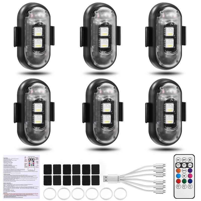 Suacopzar 6PCS Wireless LED Lights for Car with Remote Control Halloween Wireless LED Strobe Lights 8 Colors USB Charing IP65 Waterproof AntiCollision Warning Light for Car Interior Truck Drone Aircraft Bike - Image 3