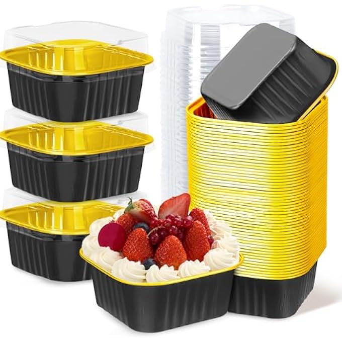 100 عبوة 5 أوقية من أحواض الكيك الصغيرة BlackGold مع أغطية أكواب الخبز أحواض رقائق الألومنيوم علب أكواب الحلوى الفردية حاويات للمبيعاتحفلات نزهات - Image 2