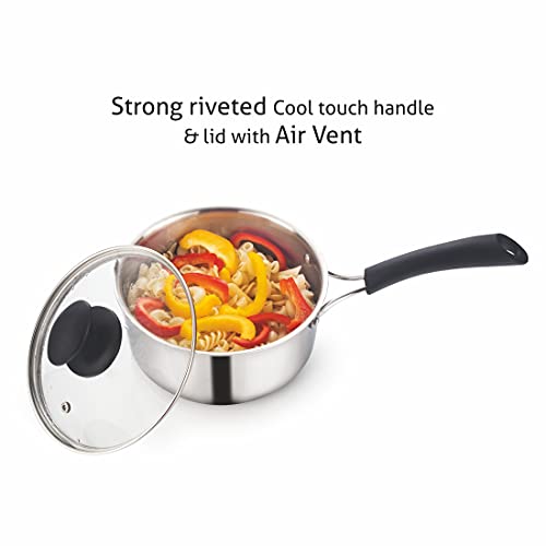 Alda Bueno Triply Stainless Steel Sauce Pan with Glass Lid 14cm, 1.0 LTR Metallic - Image 2