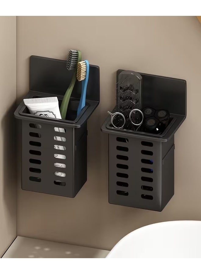 TaqwaMart 2pcs Black Toothpaste Holder and Toothbrush Holder Wall-mounted Storage Box for Bathroom Toiletries, Mobile Phone, Air Conditioner Remote Control Storage Box, Hanging Bracket, No Trace Installation, Utility Racks - Image 2