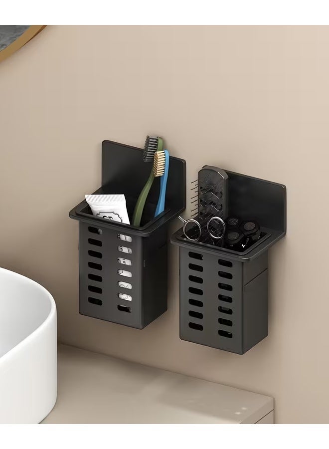 TaqwaMart 2pcs Black Toothpaste Holder and Toothbrush Holder Wall-mounted Storage Box for Bathroom Toiletries, Mobile Phone, Air Conditioner Remote Control Storage Box, Hanging Bracket, No Trace Installation, Utility Racks - Image 1