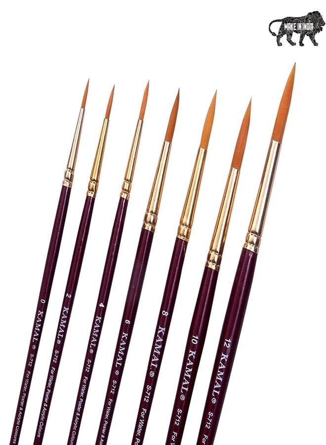 KAMAL Round Artist Quality Painting Brush Golden Taklon / Synthetic Hair Handmade Quality (Maroon/Golden Handle ) - Image 1