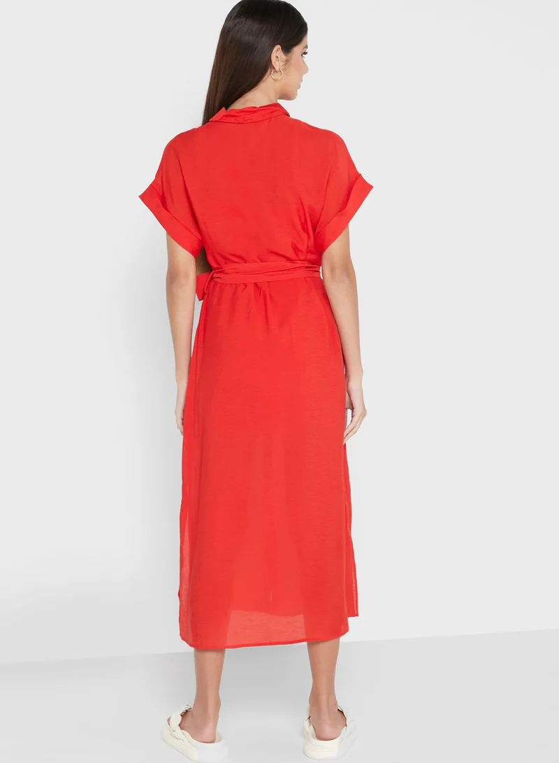 MANGO Round Sleeve Belted Button Down Dress