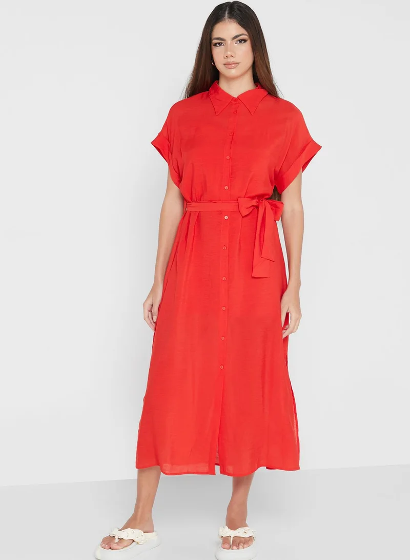 MANGO Round Sleeve Belted Button Down Dress