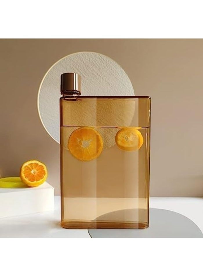 350ml Reusable Slim Flat Water Bottle Fits Pockets and Random Corners for School, Sports, Travel and Mealtime with Leakproof Cap, Plastic, Brown