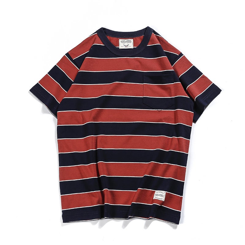 Generic OKONKWO new American retro Kaji T-shirt heavy prisoner motorcycle mens short sleeve thick large striped T-shirt 9132 red, white and black stripes with pockets 