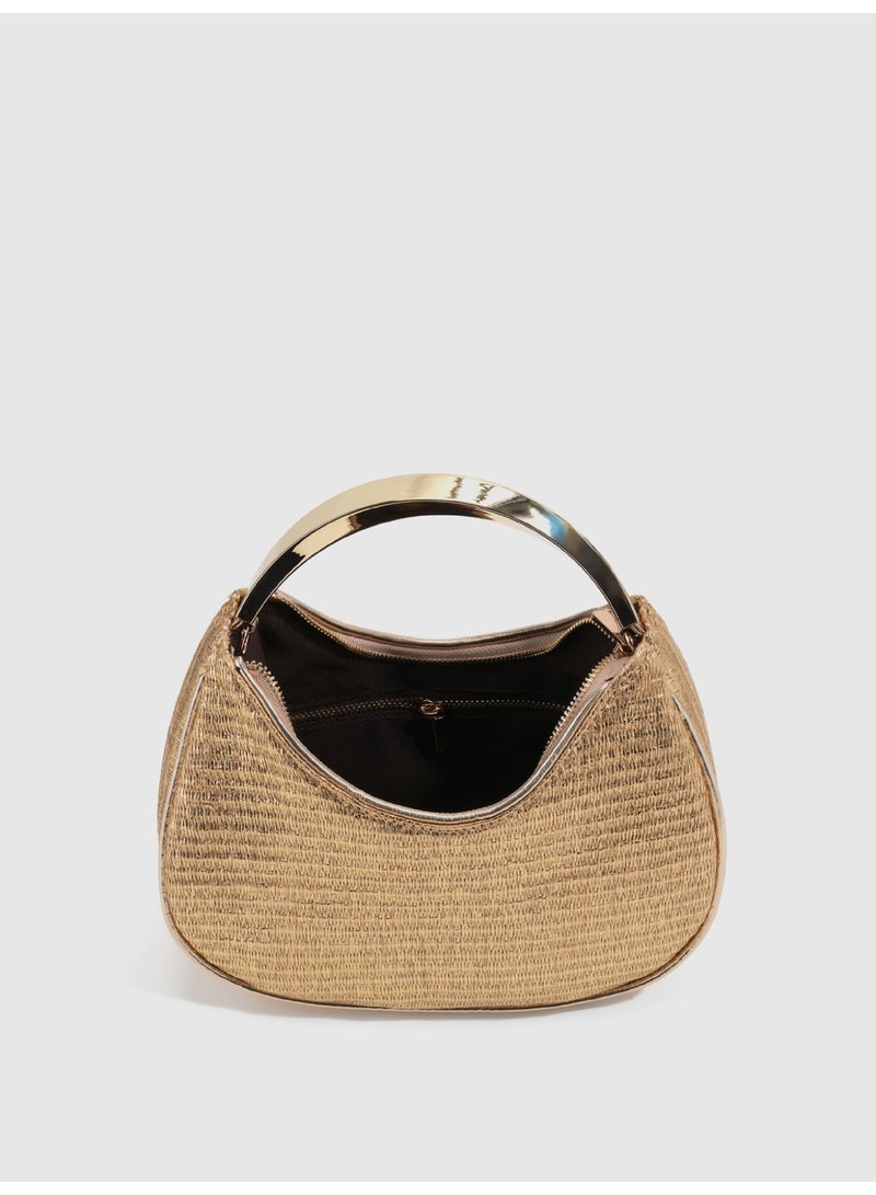 Women's Gold Woven Straw Handbag with Metal Chain, Retro Crossbody Shoulder Bag - Image 3