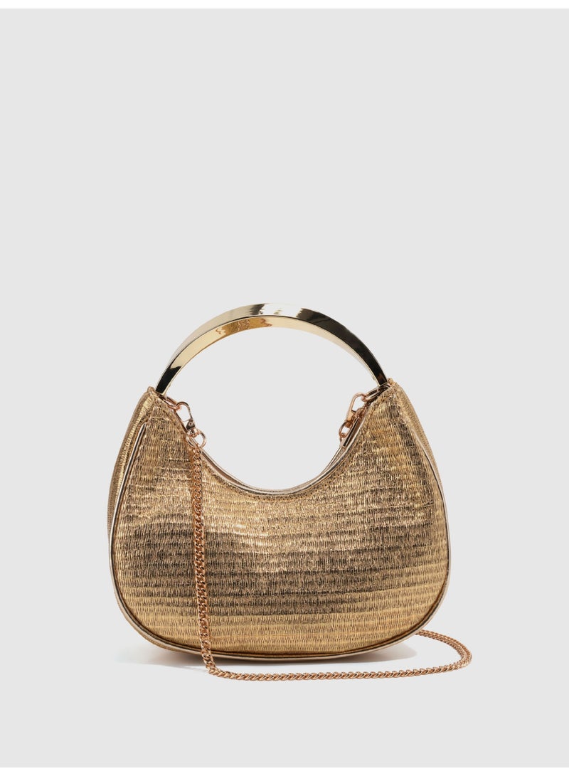 Women's Gold Woven Straw Handbag with Metal Chain, Retro Crossbody Shoulder Bag - Image 1