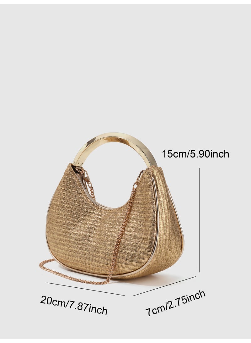 Women's Gold Woven Straw Handbag with Metal Chain, Retro Crossbody Shoulder Bag - Image 4