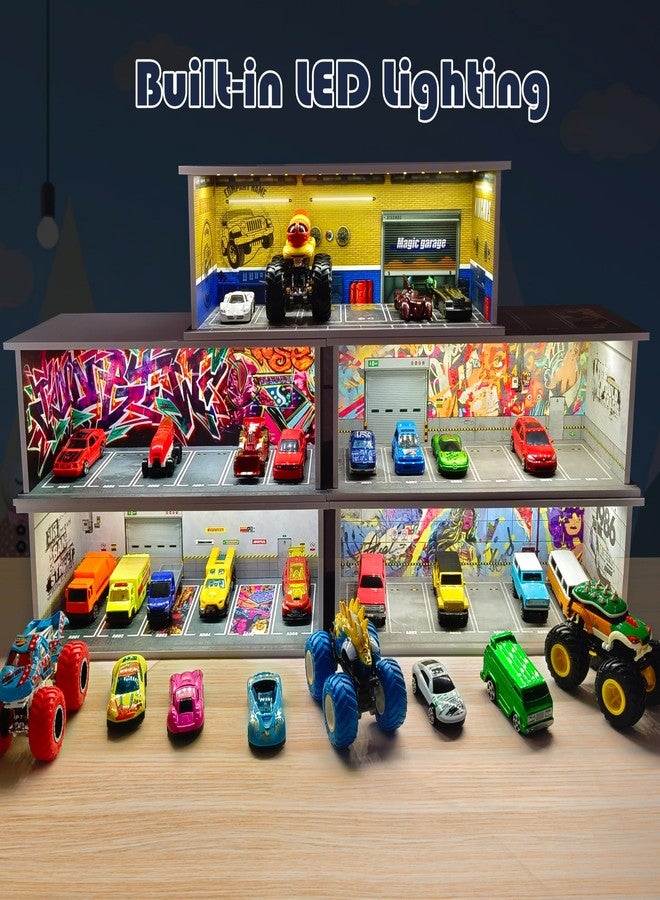 Saichotoy Display Case for Hot Wheels: Stackable Parking Garage Display for Matchbox 1/64 Scale Toy Car, Foamboard Storage for Monster Trucks with LED Light and Acrylic Cover, Shattering World - Image 3