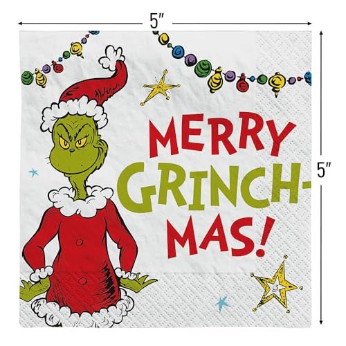 Amscan Multicolor Traditional Grinch Merry Grinchmas Beverage Napkins - 5"x5" (Pack of 16) - Unique Whimsical Design, Delight Your Guests - Perfect for Christmas Parties - Image 2