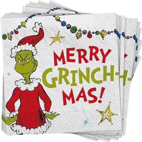 Amscan Multicolor Traditional Grinch Merry Grinchmas Beverage Napkins - 5"x5" (Pack of 16) - Unique Whimsical Design, Delight Your Guests - Perfect for Christmas Parties - Image 1