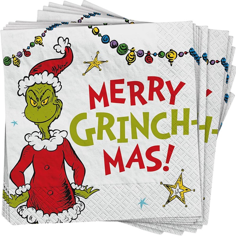 Amscan Multicolor Traditional Grinch Merry Grinchmas Beverage Napkins - 5"x5" (Pack of 16) - Unique Whimsical Design, Delight Your Guests - Perfect for Christmas Parties - Image 4