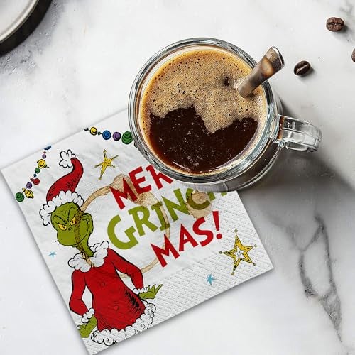 Amscan Multicolor Traditional Grinch Merry Grinchmas Beverage Napkins - 5"x5" (Pack of 16) - Unique Whimsical Design, Delight Your Guests - Perfect for Christmas Parties - Image 3