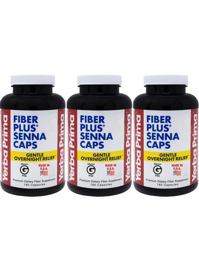 Yerba Prima Fiber Plus Senna Capsules, 180 Count (Pack of 3) - 118 Servings of Gentle Overnight Relief, USA Made, Non-GMO, for Short-Term Use to Restore Regularity  - Image 1