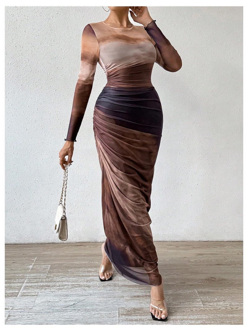 BEAUDRM Women's Fall Wedding Guest Dress Long Sleeve Cocktail Date Night Sexy Y2K Bodycon Ruched Mesh Formal Maxi Dresses Coffee Brown Medium - Image 5