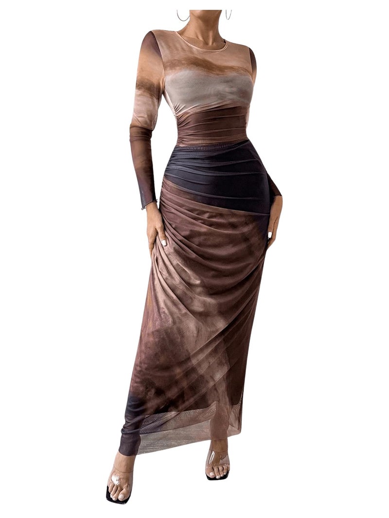 BEAUDRM Women's Fall Wedding Guest Dress Long Sleeve Cocktail Date Night Sexy Y2K Bodycon Ruched Mesh Formal Maxi Dresses Coffee Brown Medium - Image 1