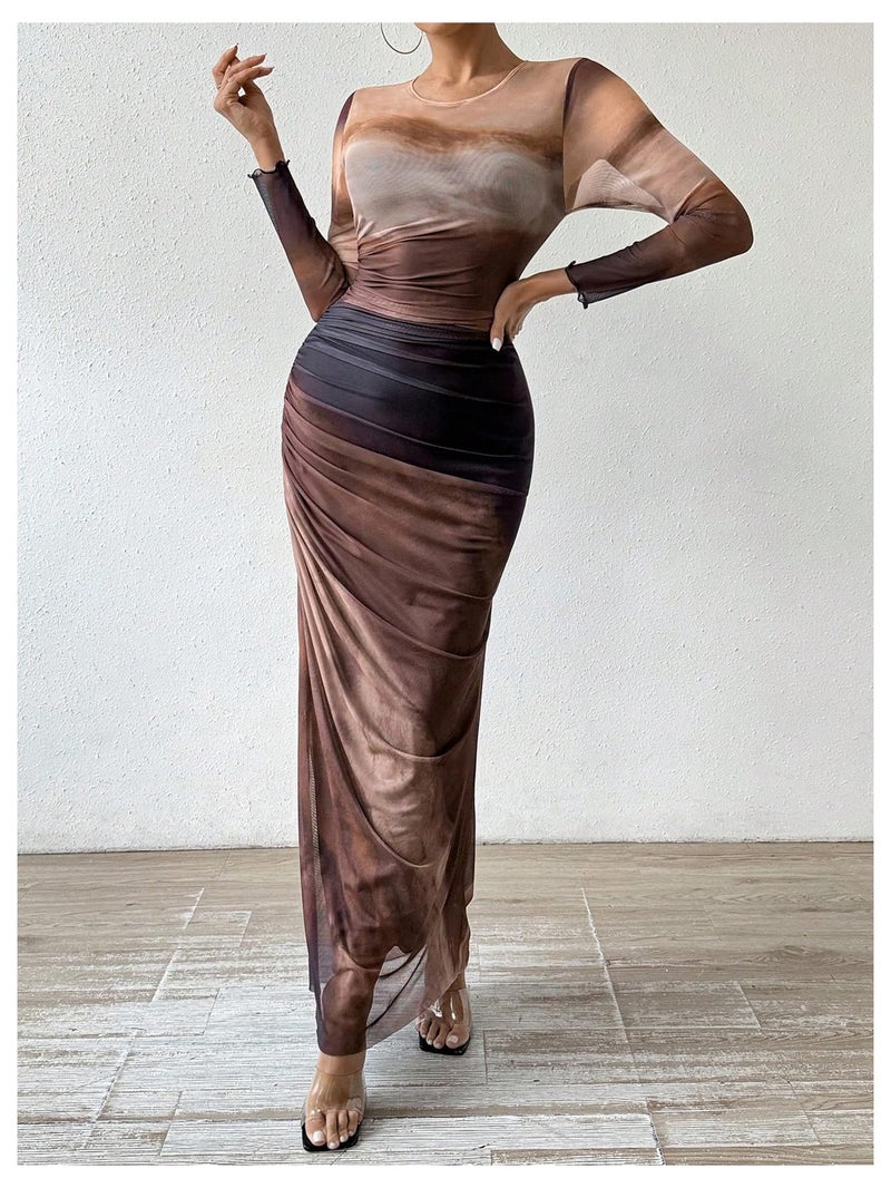BEAUDRM Women's Fall Wedding Guest Dress Long Sleeve Cocktail Date Night Sexy Y2K Bodycon Ruched Mesh Formal Maxi Dresses Coffee Brown Medium - Image 3