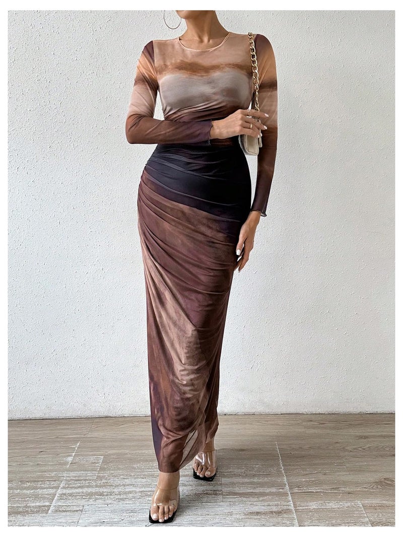 BEAUDRM Women's Fall Wedding Guest Dress Long Sleeve Cocktail Date Night Sexy Y2K Bodycon Ruched Mesh Formal Maxi Dresses Coffee Brown Medium - Image 4